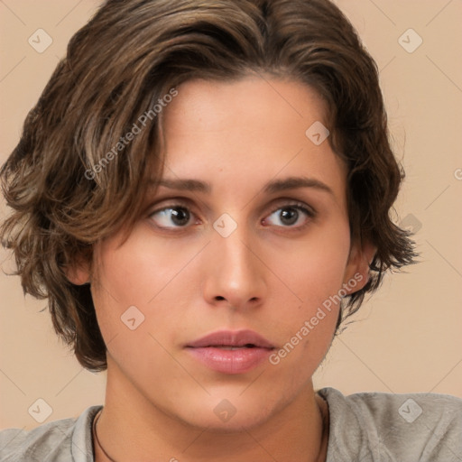 Neutral white young-adult female with medium  brown hair and brown eyes