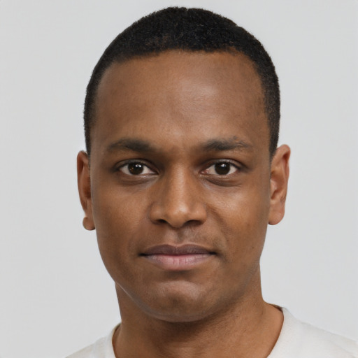 Neutral black young-adult male with short  black hair and brown eyes