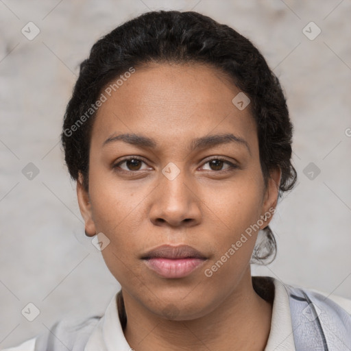 Neutral latino young-adult female with short  black hair and brown eyes