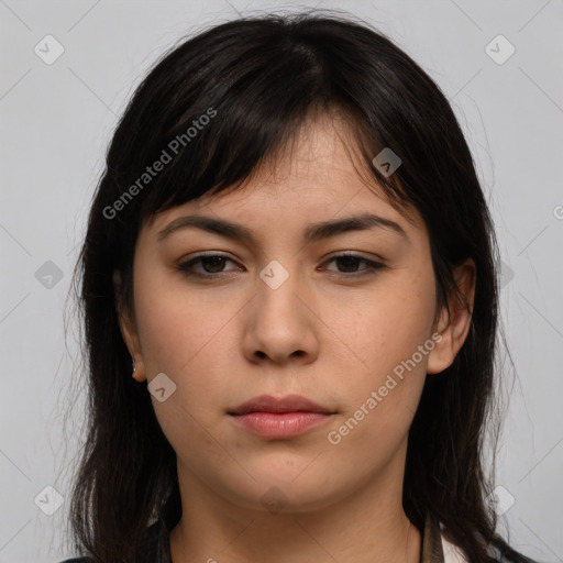 Neutral white young-adult female with long  brown hair and brown eyes