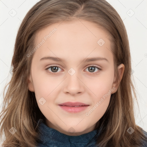 Joyful white child female with long  brown hair and brown eyes