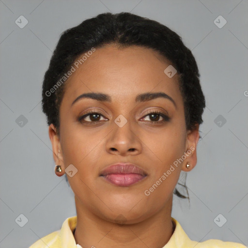 Neutral black young-adult female with short  brown hair and brown eyes