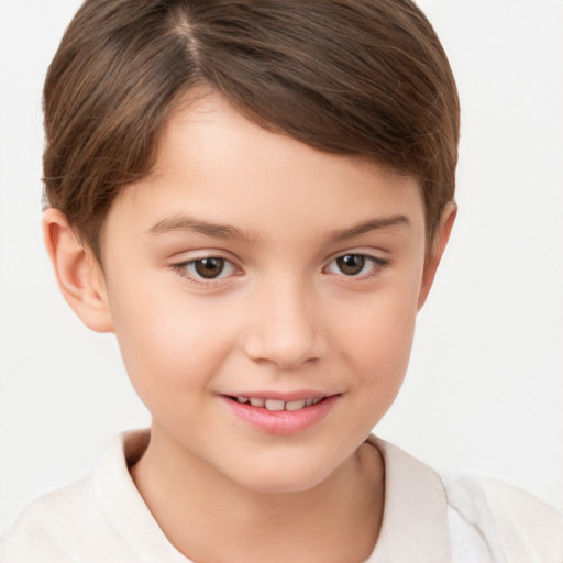 Joyful white child female with short  brown hair and brown eyes