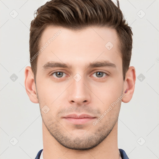 Neutral white young-adult male with short  brown hair and brown eyes