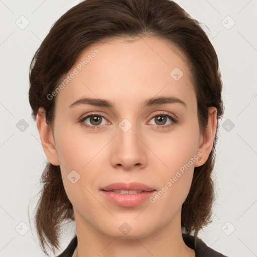 Neutral white young-adult female with medium  brown hair and brown eyes