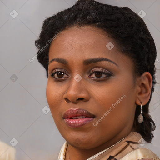 Joyful black young-adult female with long  black hair and brown eyes