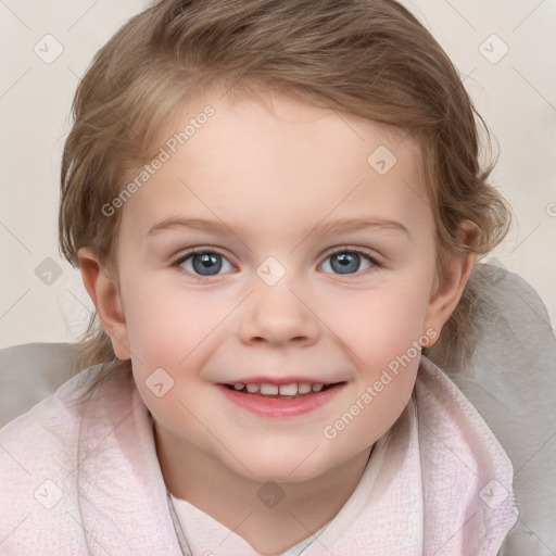 Joyful white child female with medium  brown hair and blue eyes