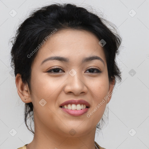 Joyful asian young-adult female with long  brown hair and brown eyes