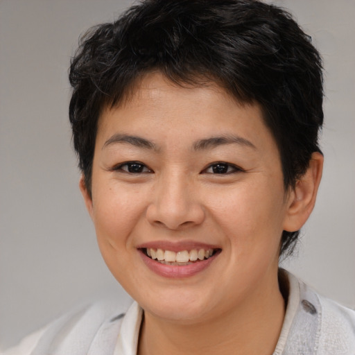 Joyful asian young-adult female with short  brown hair and brown eyes