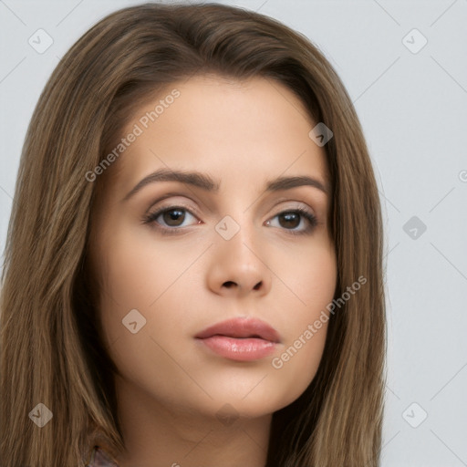 Neutral white young-adult female with long  brown hair and brown eyes