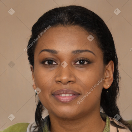 Joyful black young-adult female with medium  black hair and brown eyes