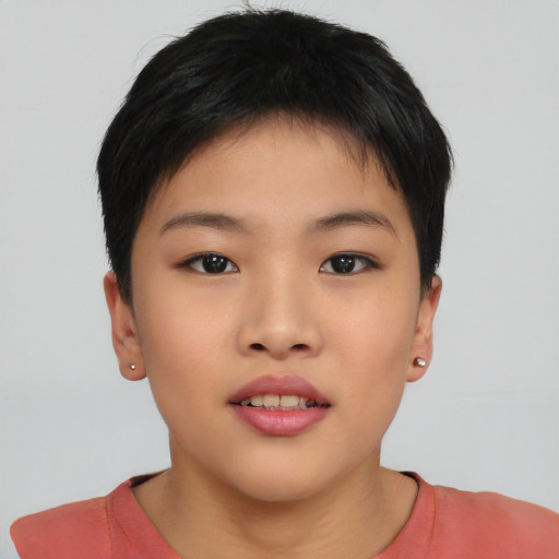 Neutral asian young-adult female with short  brown hair and brown eyes