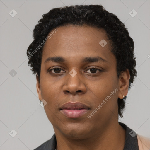 Neutral black young-adult female with short  black hair and brown eyes