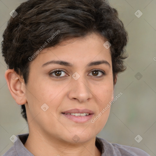 Joyful white young-adult female with short  brown hair and brown eyes