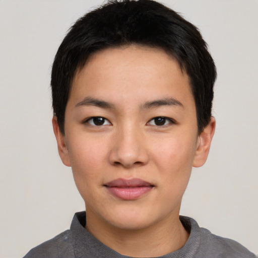 Neutral asian young-adult female with short  black hair and brown eyes