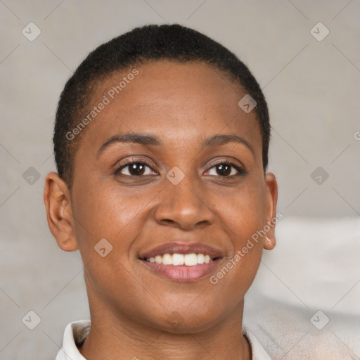 Joyful black young-adult female with short  brown hair and brown eyes