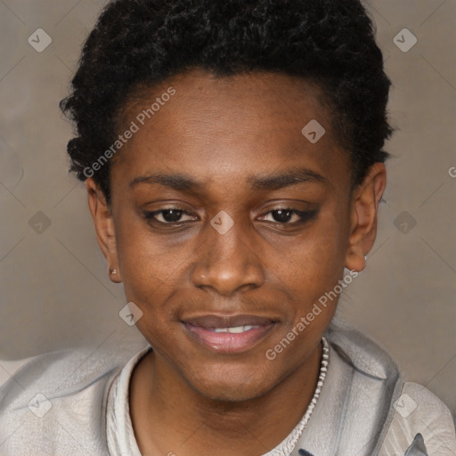 Joyful black young-adult female with short  black hair and brown eyes