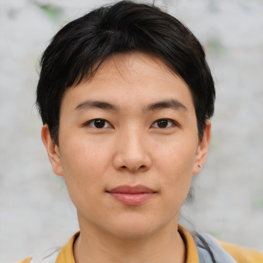 Neutral asian young-adult female with short  brown hair and brown eyes