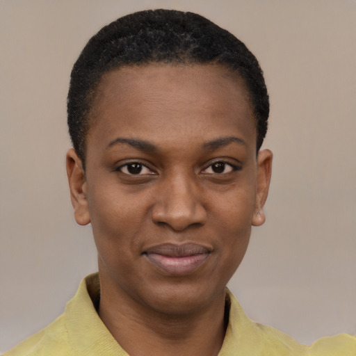 Joyful black young-adult female with short  black hair and brown eyes