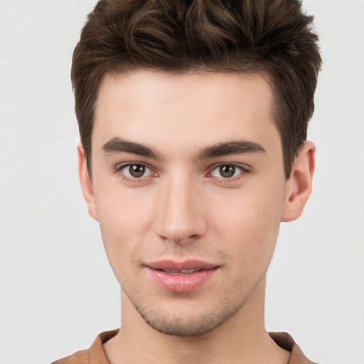 Neutral white young-adult male with short  brown hair and brown eyes