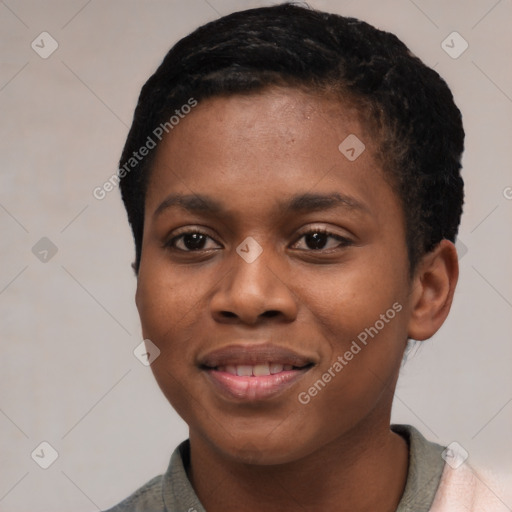 Joyful black young-adult female with short  black hair and brown eyes