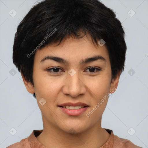 Joyful asian young-adult female with short  brown hair and brown eyes