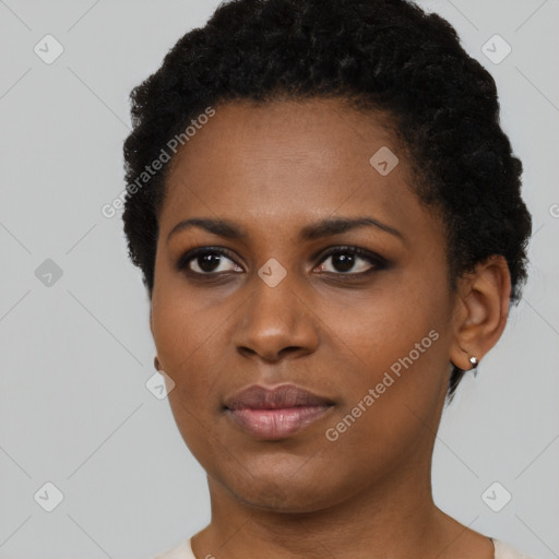 Neutral black young-adult female with short  black hair and brown eyes