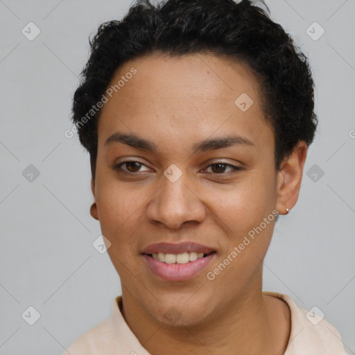 Joyful latino young-adult female with short  black hair and brown eyes