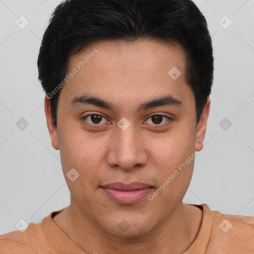 Joyful latino young-adult male with short  brown hair and brown eyes