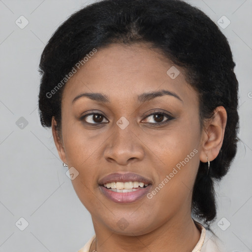 Joyful black young-adult female with medium  brown hair and brown eyes