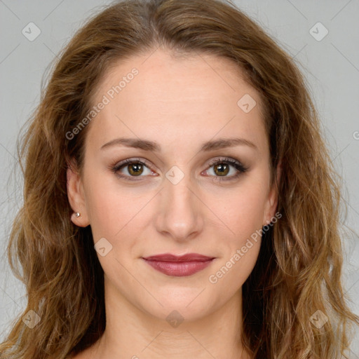 Joyful white young-adult female with long  brown hair and green eyes