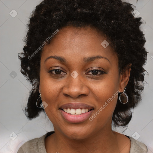 Joyful black young-adult female with medium  black hair and brown eyes