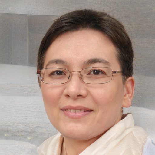 Joyful white adult female with short  brown hair and blue eyes
