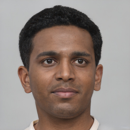 Neutral black young-adult male with short  black hair and brown eyes
