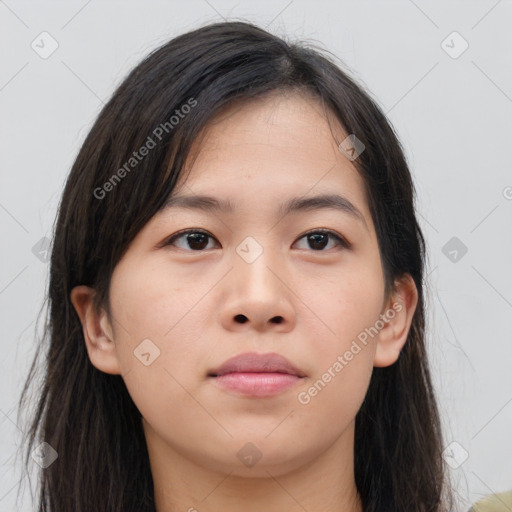 Neutral asian young-adult female with long  brown hair and brown eyes