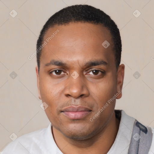 Neutral black young-adult male with short  black hair and brown eyes