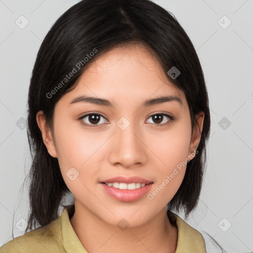 Joyful white young-adult female with medium  brown hair and brown eyes