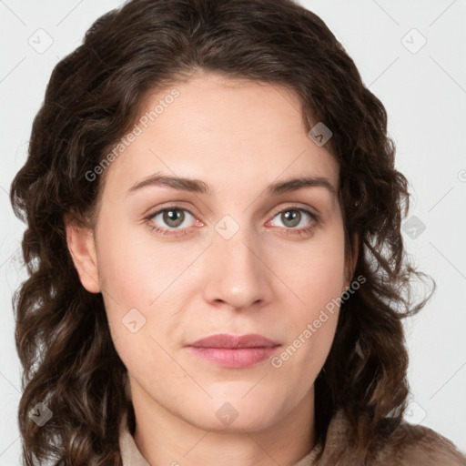 Joyful white young-adult female with medium  brown hair and green eyes