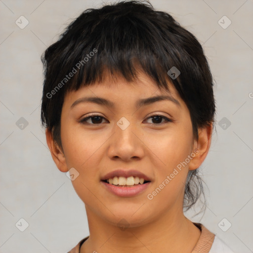 Joyful asian young-adult female with short  brown hair and brown eyes