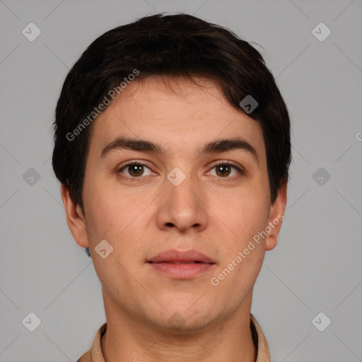 Neutral white young-adult male with short  brown hair and brown eyes