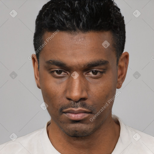 Neutral black young-adult male with short  black hair and brown eyes