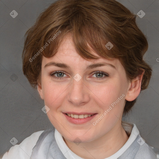 Joyful white young-adult female with medium  brown hair and blue eyes