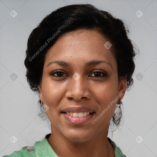 Joyful asian young-adult female with medium  black hair and brown eyes