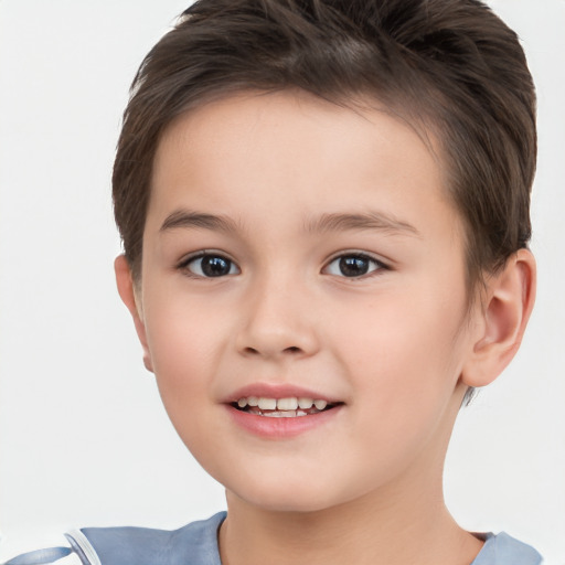 Joyful white child female with short  brown hair and brown eyes