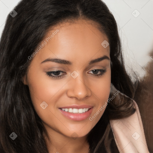 Joyful latino young-adult female with long  brown hair and brown eyes