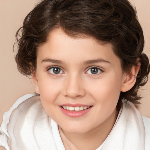 Joyful white child female with medium  brown hair and brown eyes