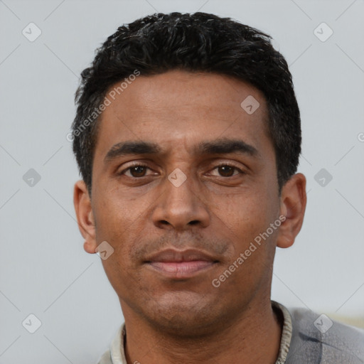 Neutral latino young-adult male with short  black hair and brown eyes