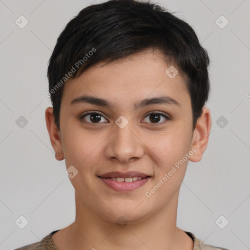 Joyful white young-adult female with short  brown hair and brown eyes