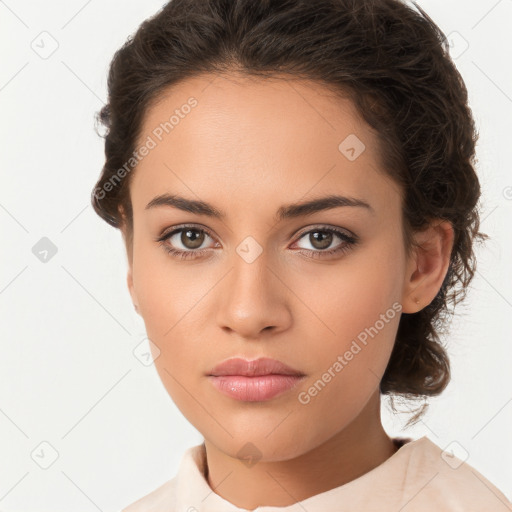 Neutral white young-adult female with long  brown hair and brown eyes