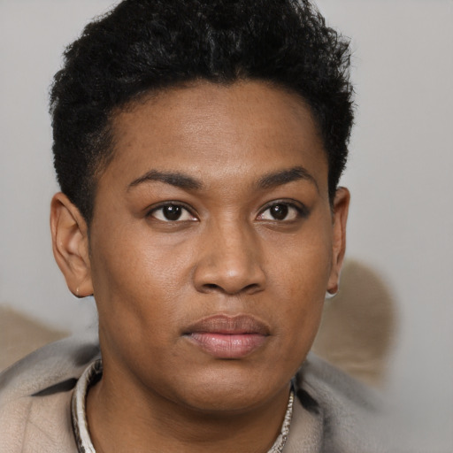 Neutral black young-adult female with short  brown hair and brown eyes